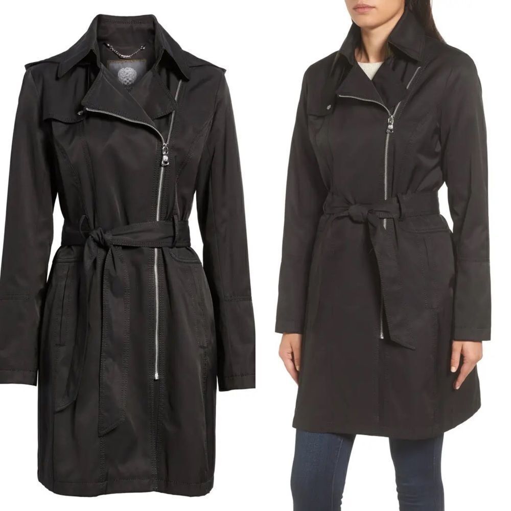 Women's Vince Camuto Belted Asymmetrical Trench Coat, Size Medium - Black